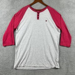 Hurley Buckle Henley Mens XXL 3/4 Sleeve Shirt Grey Red Raglan Premium Fit