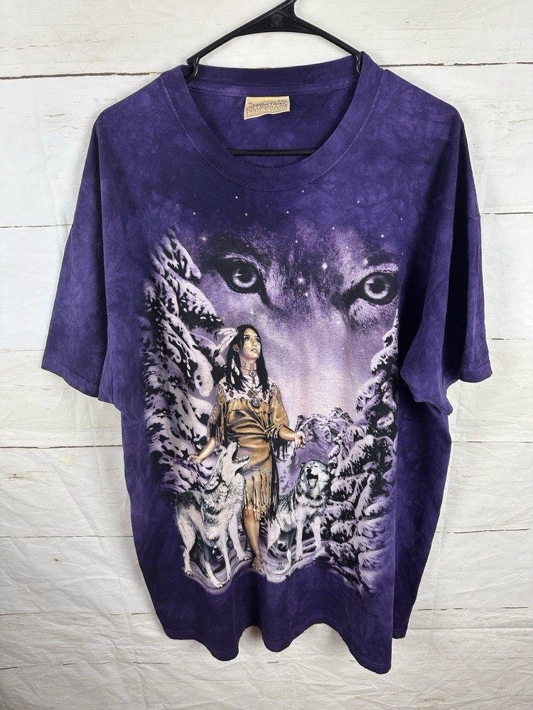 The Mountain Shirt Mens XXL Purple Wolf Native American Graphic Tie Dye Tee Vtg