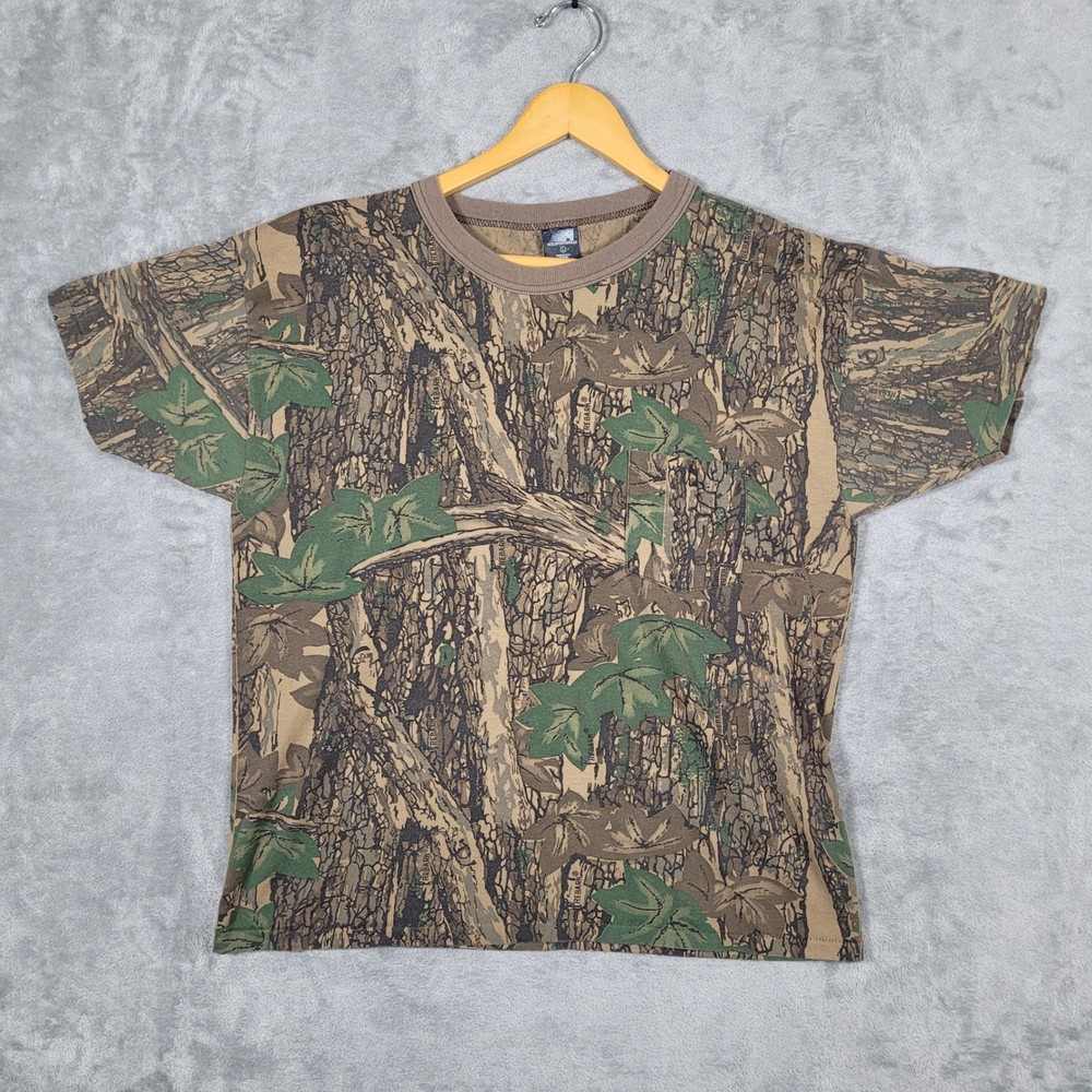 Ace Sportswear T-Shirt Mens L Brown Trebark Camo Pocket Tee Vintage Made in USA