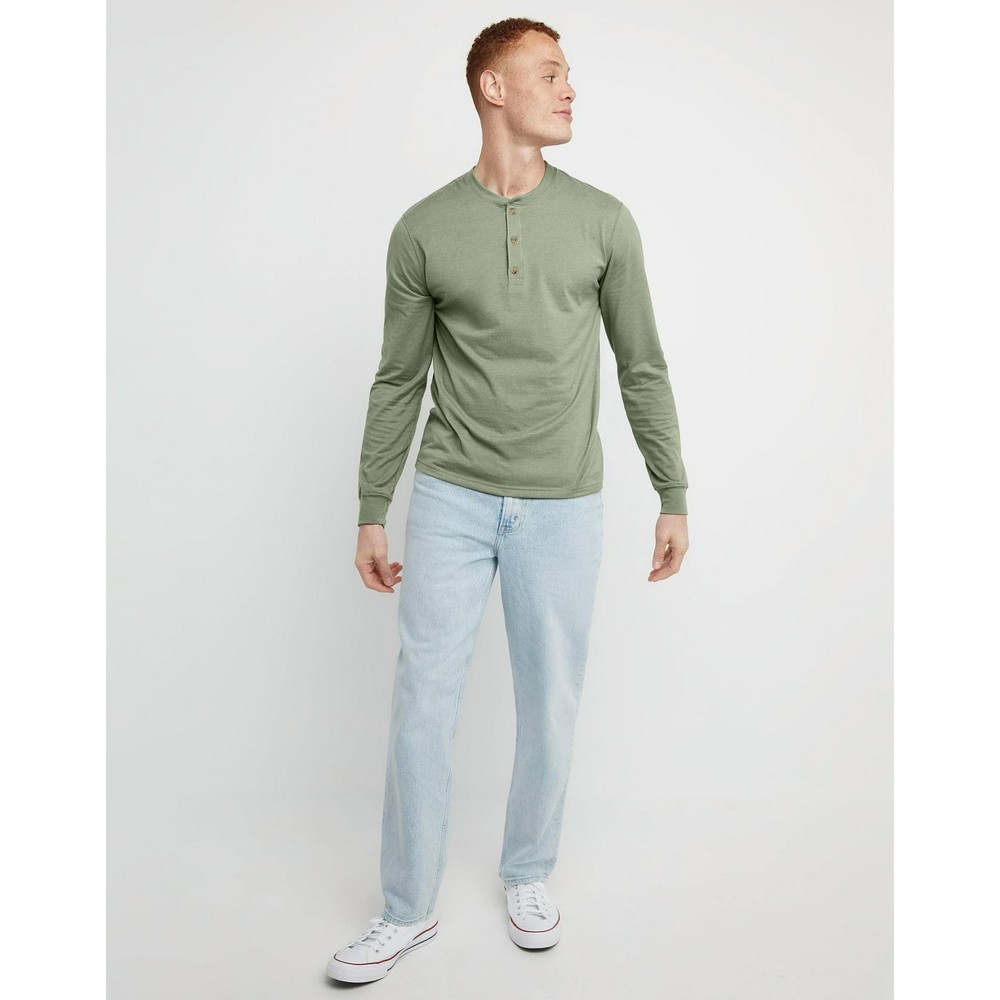 Hanes Originals Men’s Cotton Long Sleeve Henley T-shirt Light Green-Large