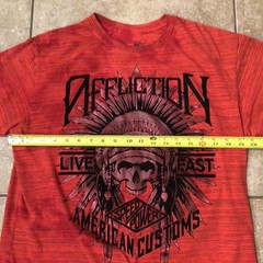 VTG Affliction Live Fast T Shirt Felt Graphic All Over Distressed L Made In USA
