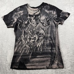 RARE VTG Affliction Shirt Mens L Black Puppet Master God Vs Devil Demon AOP Y2K