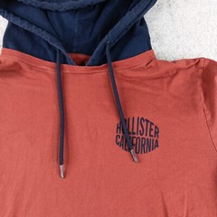 Hollister Shirt Mens Small Orange Blue Drawstring Logo Muff Pocket Hooded Tee