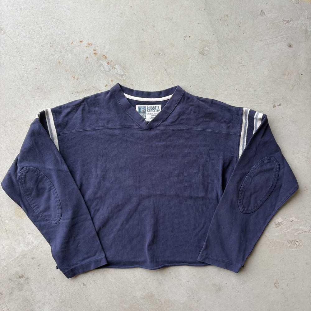 Vintage Russell Athletic Jersey Shirt Size Medium Blue Cropped V Neck Striped