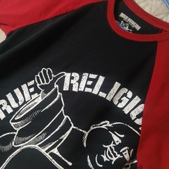 True Religion World Tour Buddha Graphic Raglan T-Shirt Black Red Size Medium