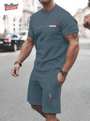 Fashion Paris Print T-Shirt Shorts 2-Piece Set Men’S Short Sleeve Tee Elastic Wa
