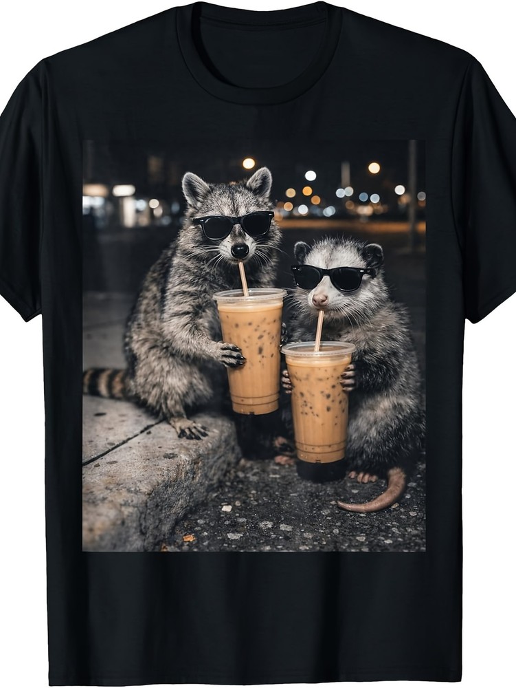 Retro Raccoon&Opossum Drinking Iced Coffee T-Shirt – Funny Animal Graphic Tee ▧