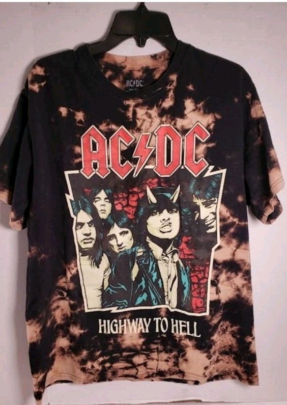 AC/DC Men’s Highway To Hell Heavy Metal Rock T-Shirt – Black Bleach Wash – LARGE