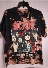 AC/DC Men’s Highway To Hell Heavy Metal Rock T-Shirt – Black Bleach Wash – LARGE