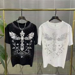 Men Fashion Luxury Trend Cross Wing Drills Rhinestone Diamond Streetwear T-Shirt