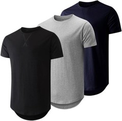 Mens 3 Pack Cotton Longline Crewneck T-Shirts Casual Hipster Fit Tee Set