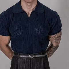 Men Hollow Lapel T Shirt Knitted Texture Fabric Korean Style for Daily Outings