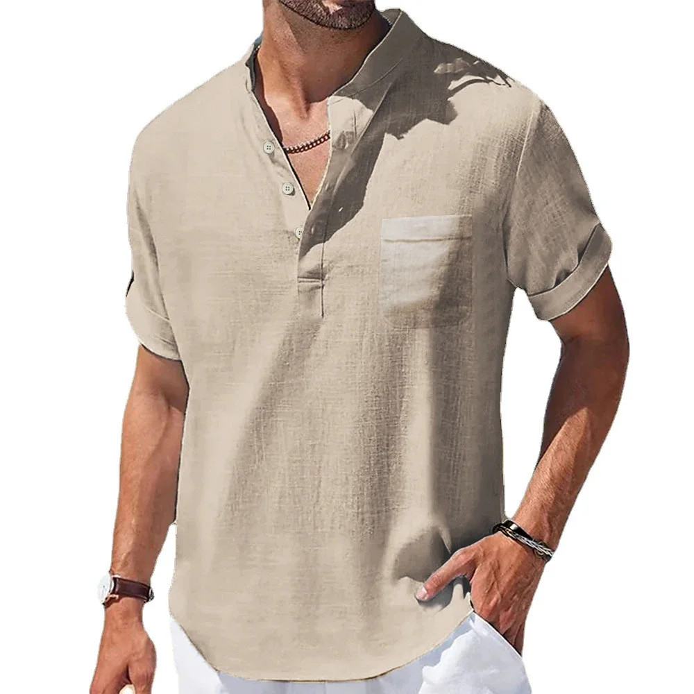 Summer New Men’s Cotton and Linen Shirts Short-Sleeved T-shirt Henry Collar Casu