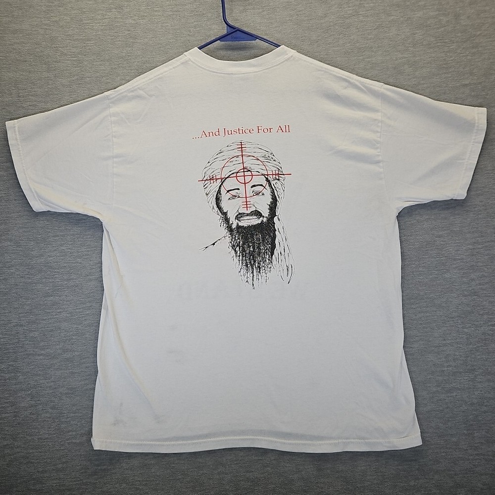 Vintage Y2K United We Stand Tshirt Mens LG Wht And Justice For All Osama Target