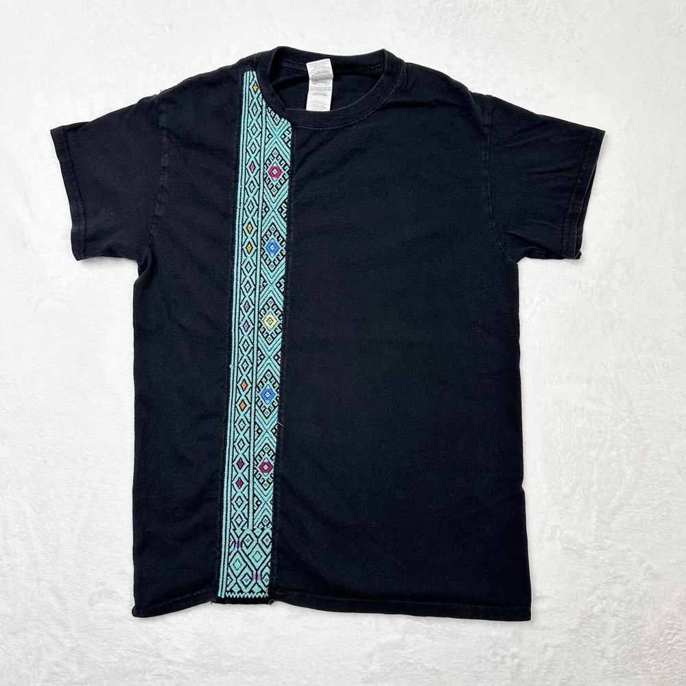 Black Embroidered Shirt Mens Small Artisanal Fiesta Black Blue Woven Stripe