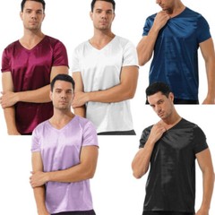 US Men Shirt Party T-shirt Smooth Tops Short Sleeve Blouse V Neck Top Basic Silk