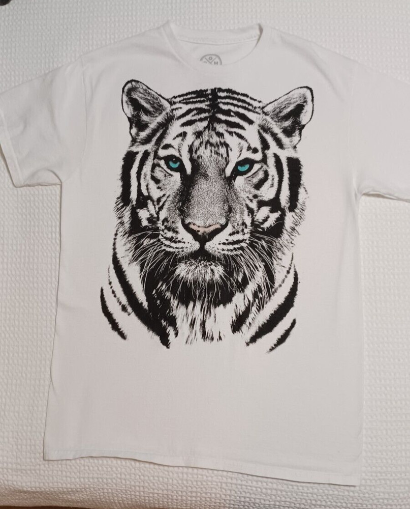 TShirt White Tiger Big Face Print Blue Eyes Adult Small Cotton Unisex
