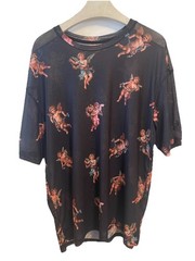 Shein Shirt Semi Sheer Cherub Angel Print Medium Mens Black Club wear Street
