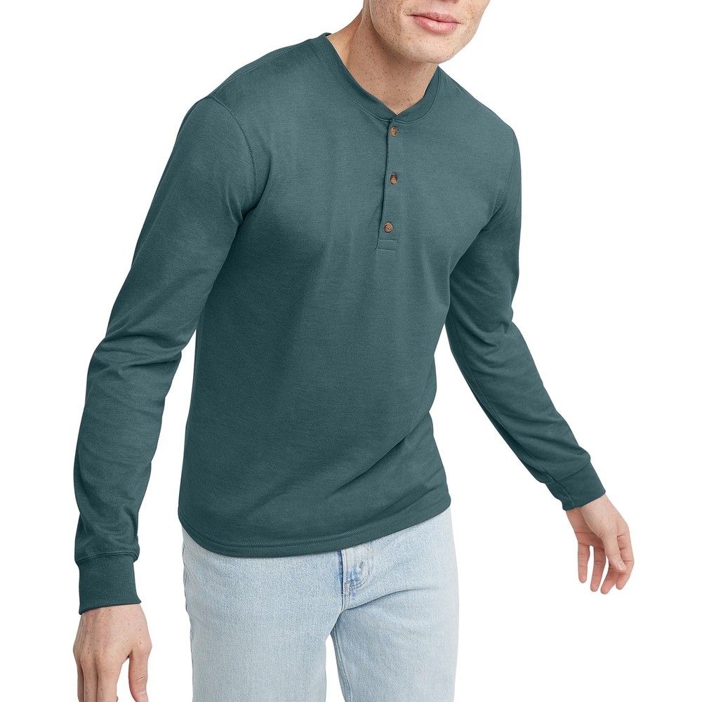 Hanes Originals Men’s Cotton Long Sleeve Henley T-shirt Cactus Green-Small