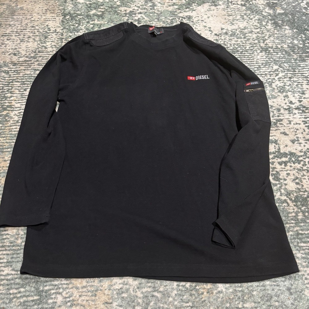 Diesel Mens Long Sleeve Shirt Large Black Micro Waffle Knit Utility Pocket XL