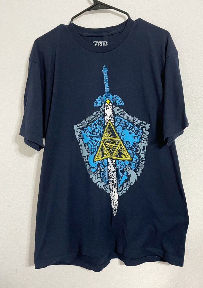 Nintendo The Legend of Zelda Sword Mosaic Logo Graphic Blue Shirt Top, XL