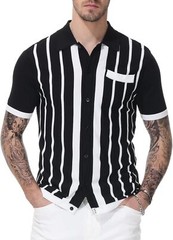 Mens Vintage Striped Knitted Polo Shirt Short Sleeve Button Down Golf Casual Top