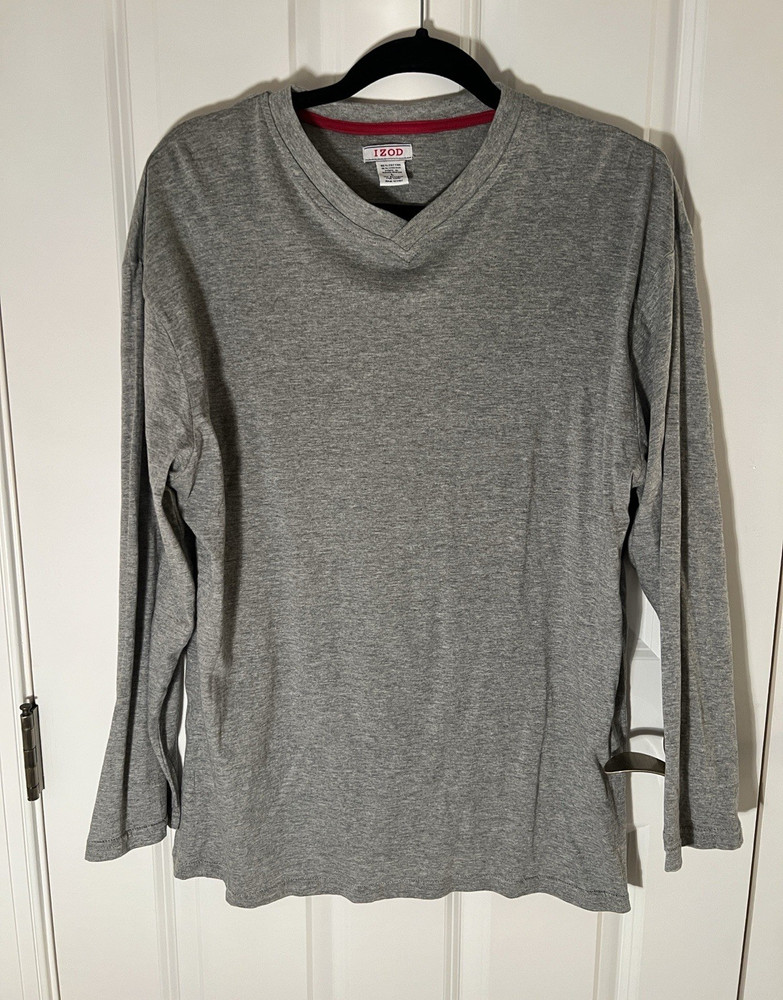 IZOD Men’s Gray V-Neck Long Sleeve Cotton Viscose Knit Tee L Regular