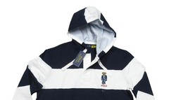 Polo Ralph Lauren Men’s Navy/White Striped Polo Bear Rugby Hooded Henley Shirt