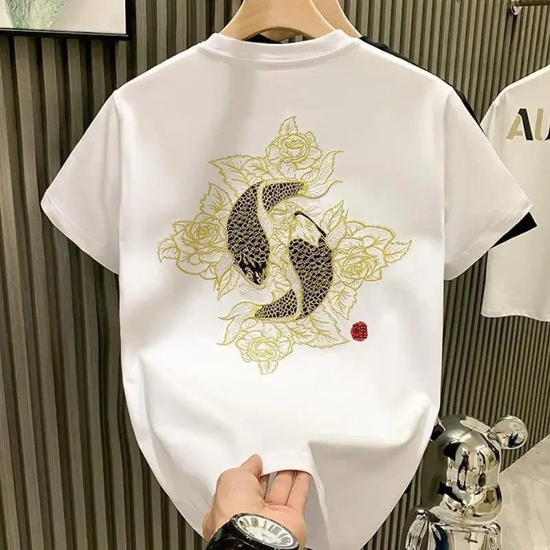 Men’s Luxury Koi Fish Embroidered Cotton T-Shirt Casual Short Sleeve Slim Fit Te