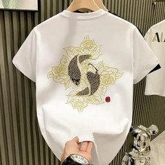 Men’s Luxury Koi Fish Embroidered Cotton T-Shirt Casual Short Sleeve Slim Fit Te