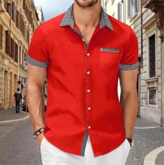 Camisa Con Botones Elegante De Manga Corta Para Hombres Sólida Cuello Levantado