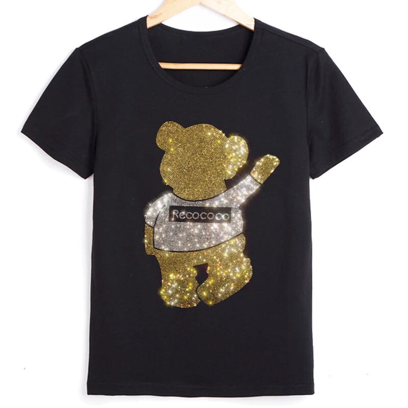 New Fashion Diamond Rhinestones Bear Short Sleeve Luxury Men Black T-Shirt