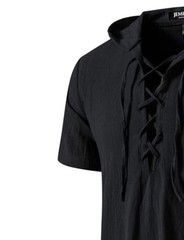 Men’s Cotton Vintage Hooded Design Short Sleeve Lace up Shirts for Large Black