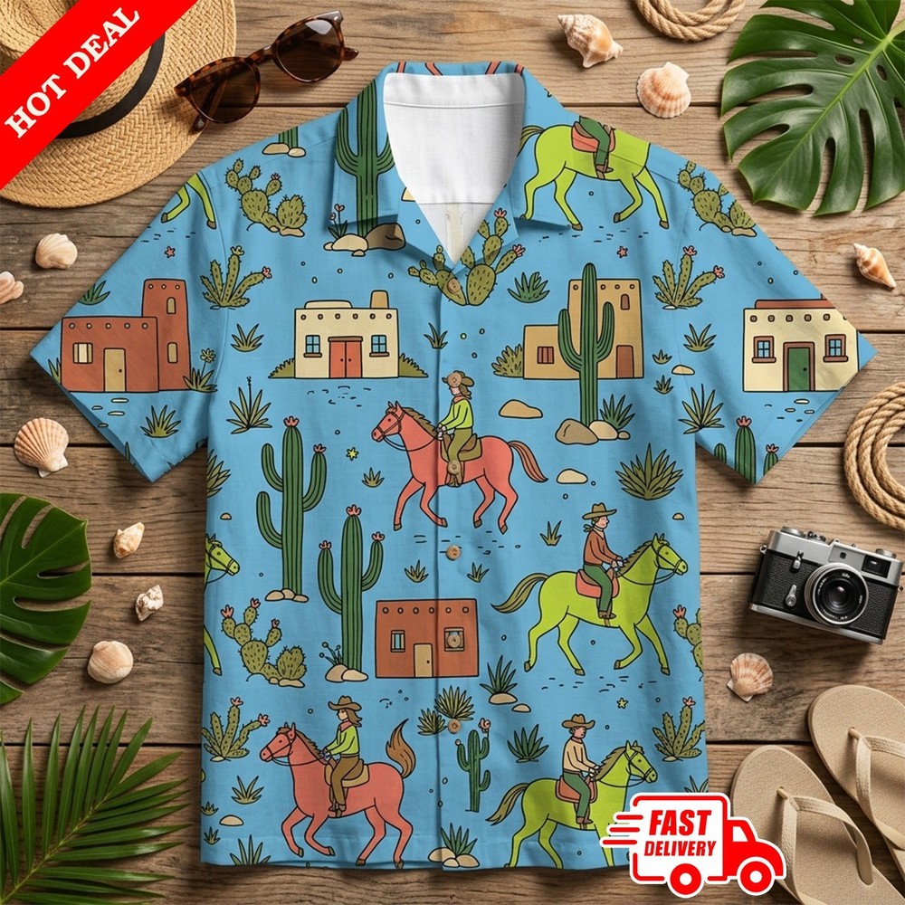 Western Cowboy Horse Cactus Mens Hawaiian Shirt Blue Aloha Button Down Summer