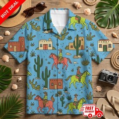 Western Cowboy Horse Cactus Mens Hawaiian Shirt Blue Aloha Button Down Summer