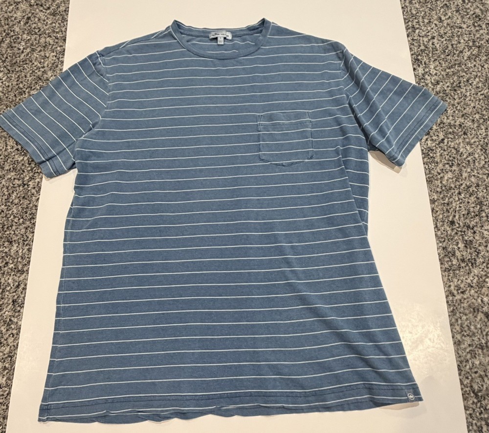 Peter Millar Blue & White Striped Short Sleeve Pocket Tee Size large soft
