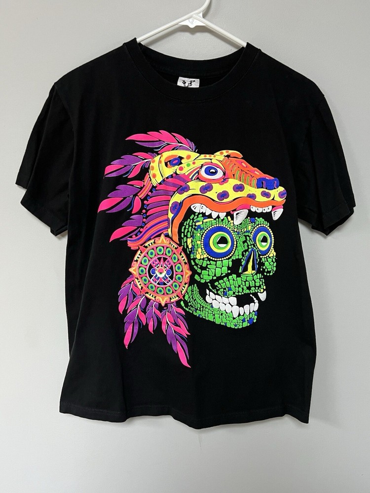 AZTEC SKULL T SHIRT ART TEE Front Back Hits Unique LARGE Neon Black Vision See