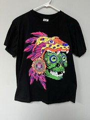 AZTEC SKULL T SHIRT ART TEE Front Back Hits Unique LARGE Neon Black Vision See