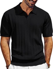Mens V-Neck Polo Shirt Knit Textured Breathable Summer Casual Top