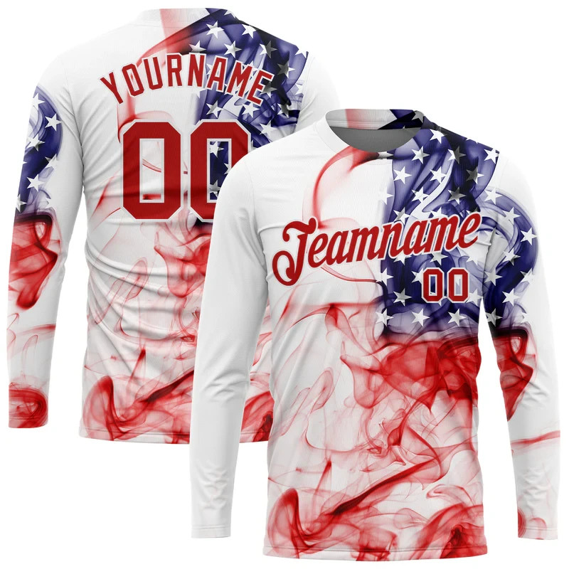 Custom White Red-Royal American Flag Fashion 3D Long Sleeve T-Shirt HS853