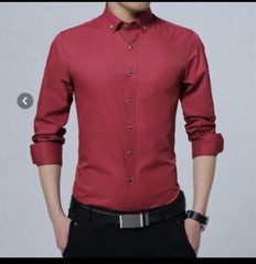 Men’s Shirts: Pure Color Red/ Long Sleeve Cotton+ Polyester Shirts. Size: XS