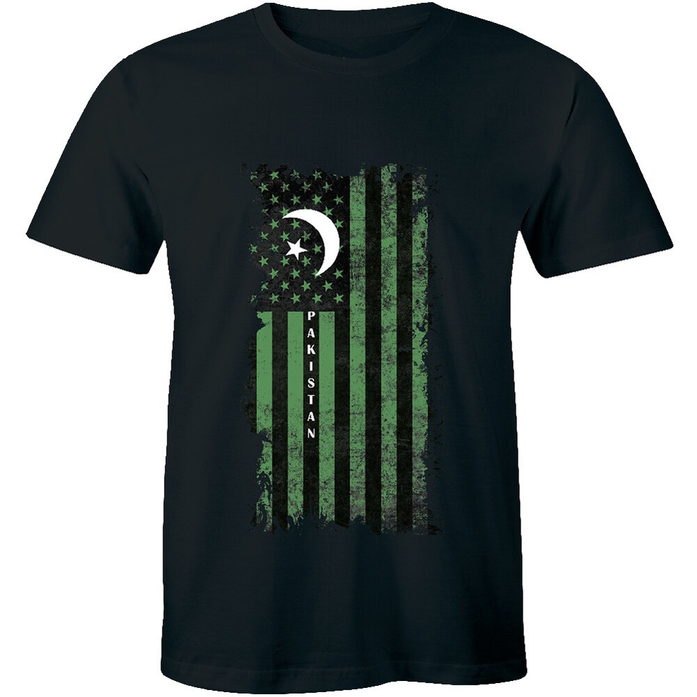 Pakistan Support USA America Flag T-Shirt Crew Neck For Men Kashmir