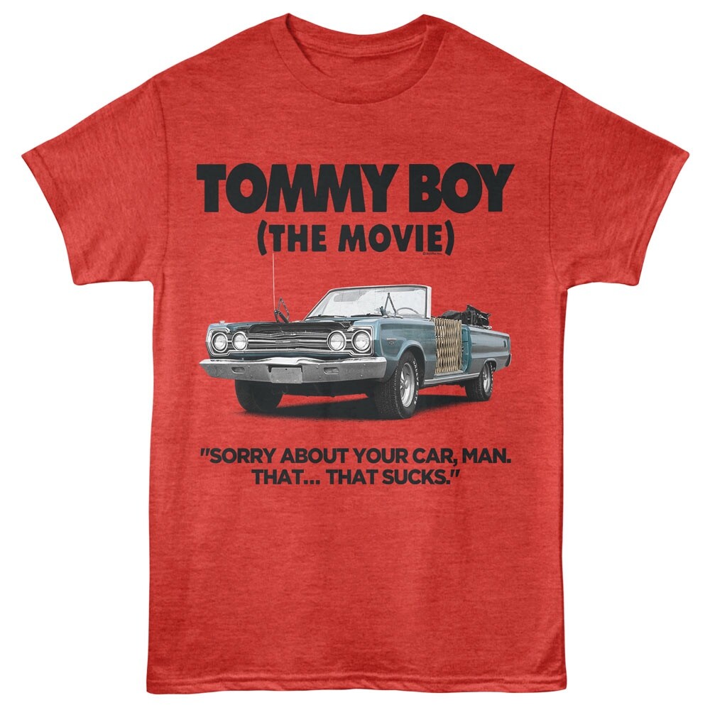 TOMMY BOY T-Shirt Adult SORRY ABOUT YOUR CAR New Comedy Chris Farley Red Heather