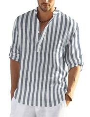 Men’s Cotton Hemp Long Sleeve Casual Beach Henley Shirt (Grey Blue Stripe,2XL)