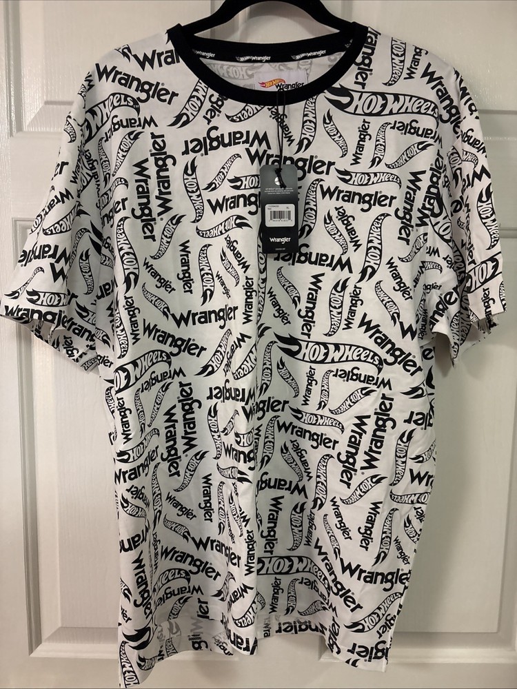 Wrangler x Hot Wheels Tee Men XL Black White All Over Print Logo Cotton