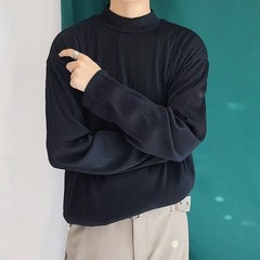 Mens Casual Pleated Drape Half Turtleneck T Shirt for Daily Wear and Commuting