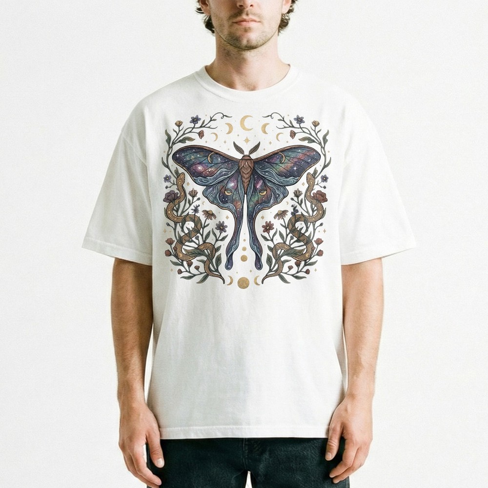 Luna Moth Galaxy Roses T-Shirt Witchy Gothic Celestial Boho Night Sky Gift Tee