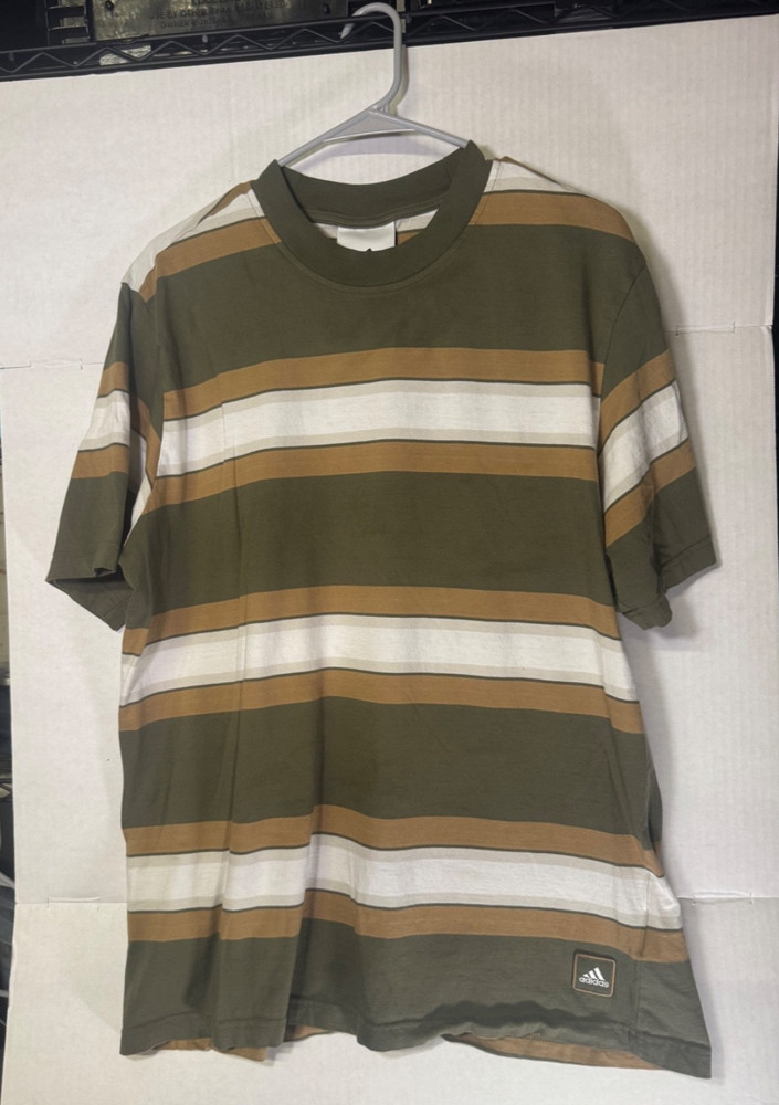 Adidas Striped T-Shirt Men’s Large Green Tan White Short Sleeve Crew Neck