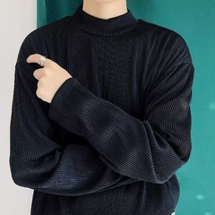 Mens Casual Pleated Drape Half Turtleneck T Shirt for Daily Wear and Commuting