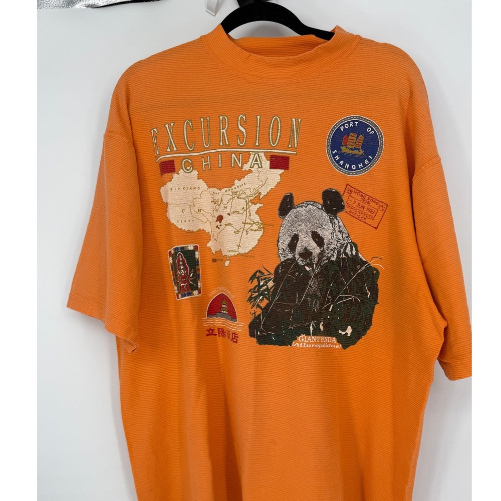 Vintage 90s Excursion China Shanghai Panda Graphic T Shirt Large Orange Tourist